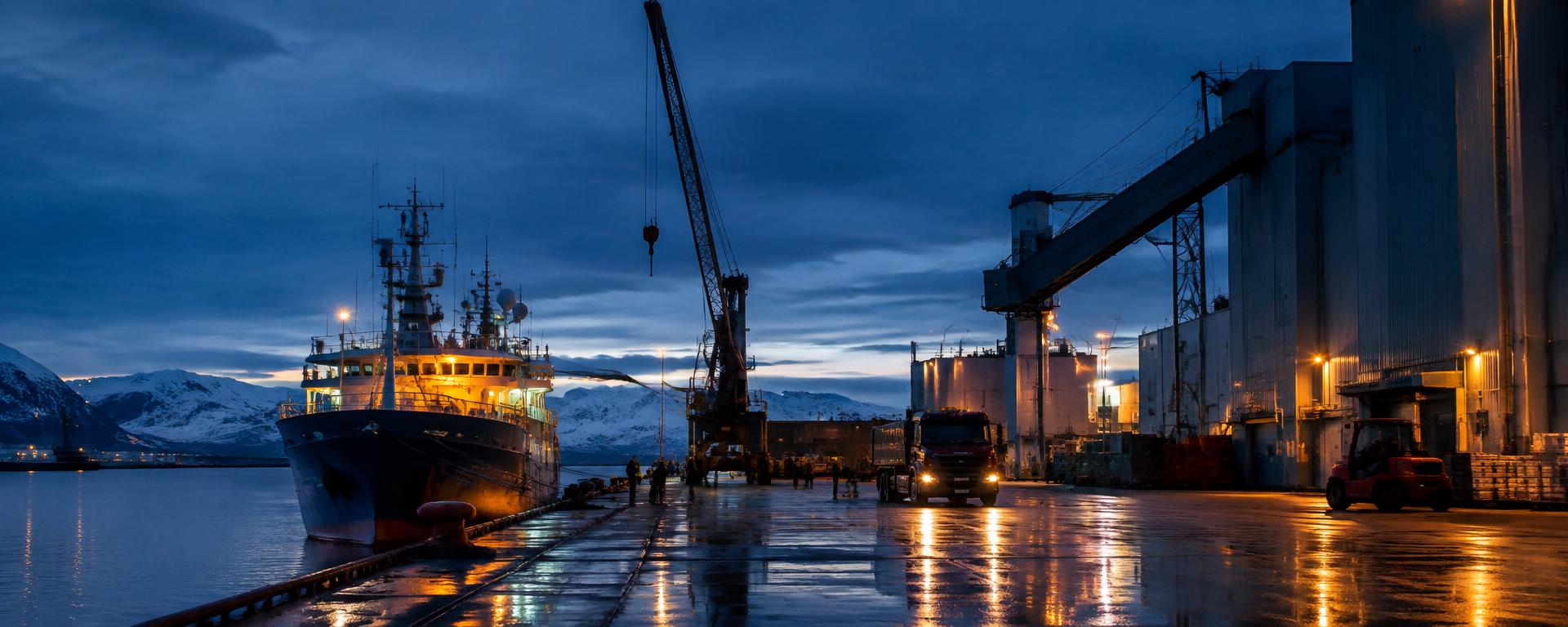 Nordisk industrihamn i blå timmen